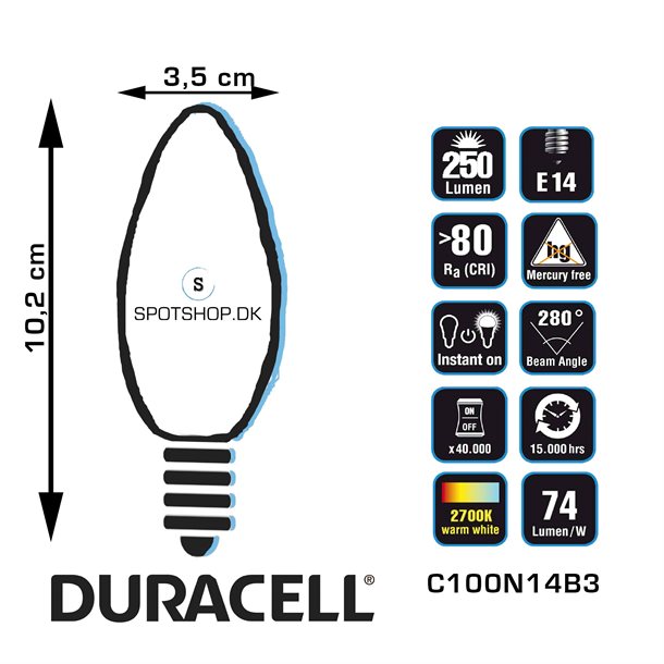 Duracell® LED Kerte pære E14 med 250 lumen - (svarer til 25W) #C100N14B3  